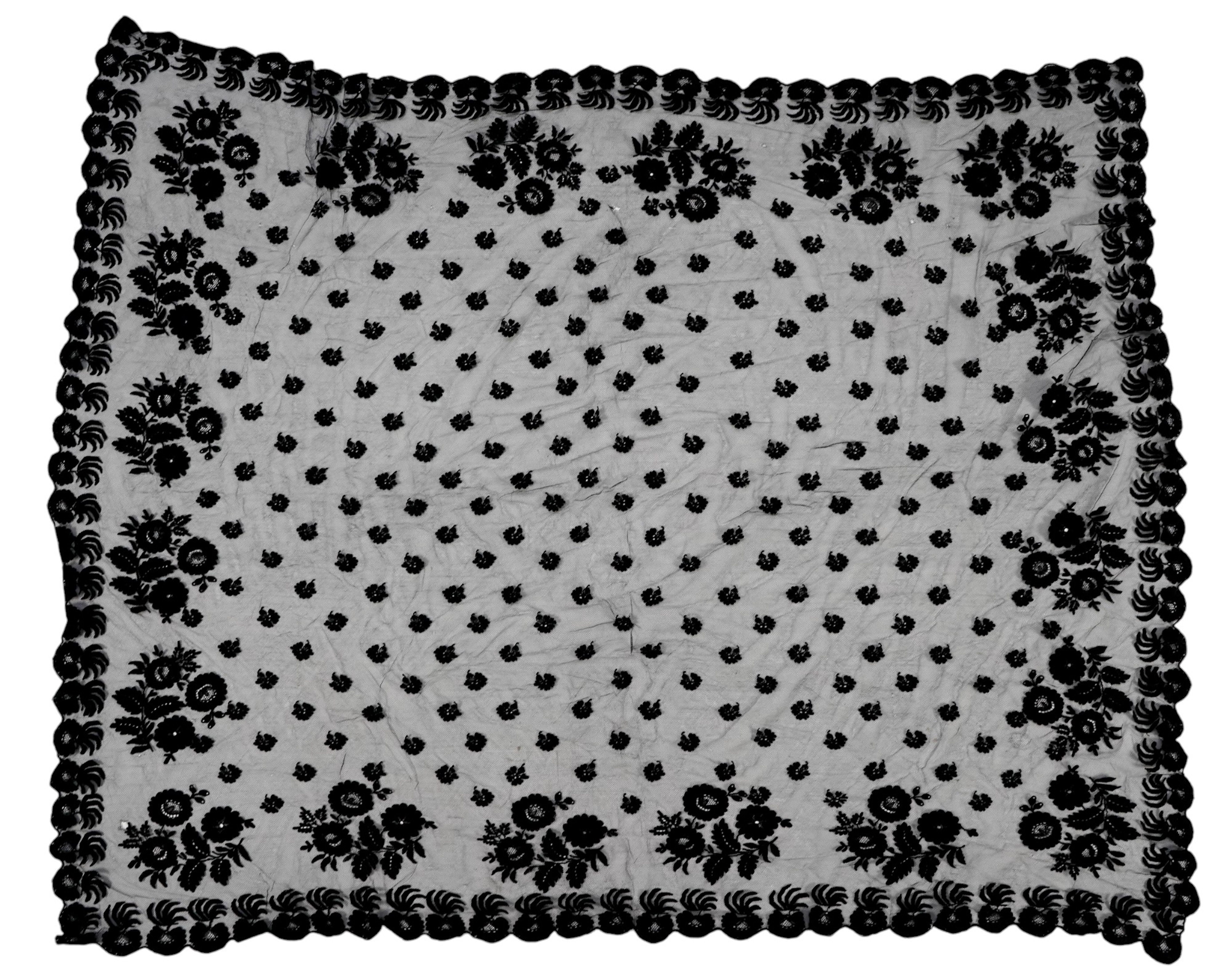 A collection of mixed machine lace: a black lace stole, two black veils, a sample of Japanese brocade, a length of metallic ribboning and various items of cream lace, ribboning 230cm long. Condition - variable poor to fa